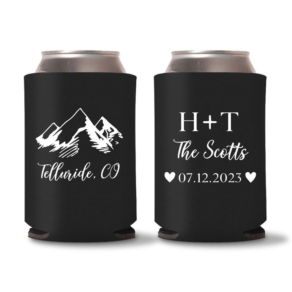 Custom Mountain Wedding Can Cooler Beer Cozy Favor 